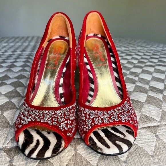 Roberto Botticelli Red Velvet & Rhinestone Heels Zebra Print EU 38 US 7.5 - 8 - Picture 15 of 15